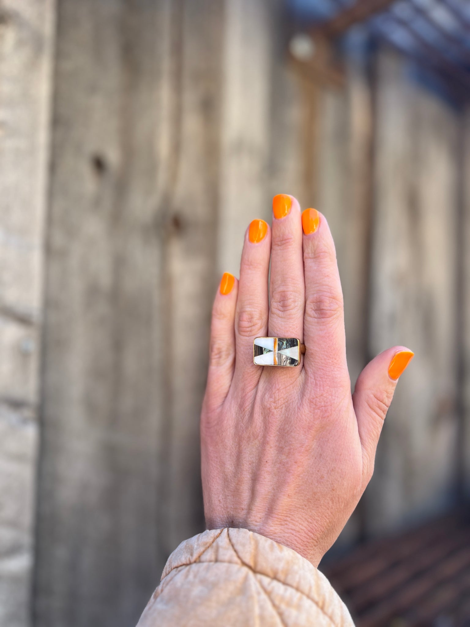 Taos Mother of Pearl & Abalone Inlay Design Ring in Gold Alchemia Adjustable T5