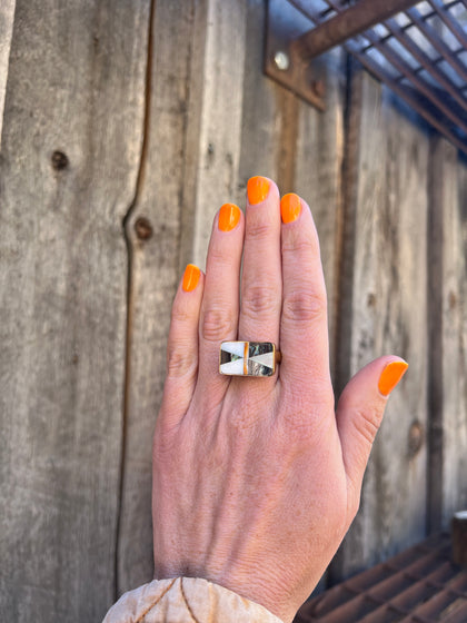 Taos Mother of Pearl & Abalone Inlay Design Ring in Gold Alchemia Adjustable