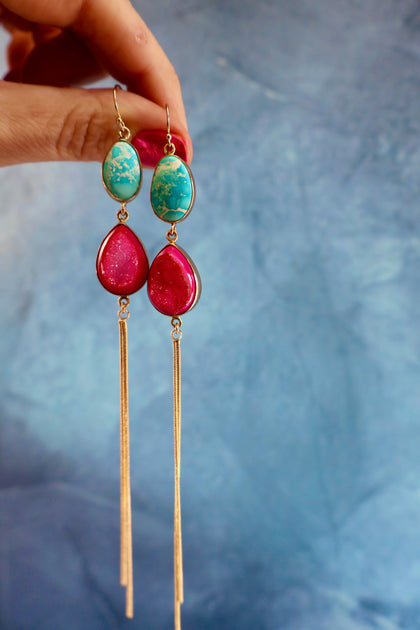Pink Druzy & Turquoise Sparkling Snake Chain Earrings in Gold Alchemia