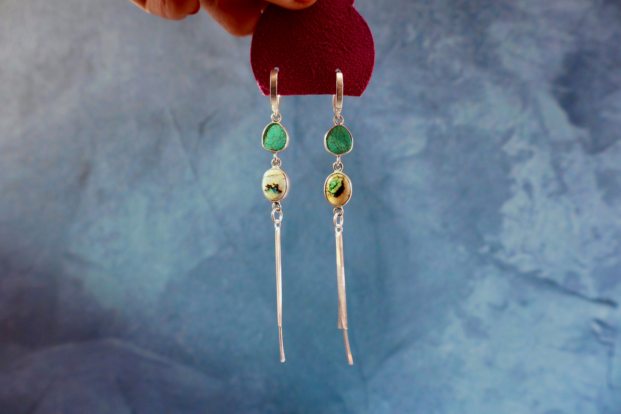 Opal  & Turquoise Sparkling Snake Chain Earrings in Sterling Silver H19