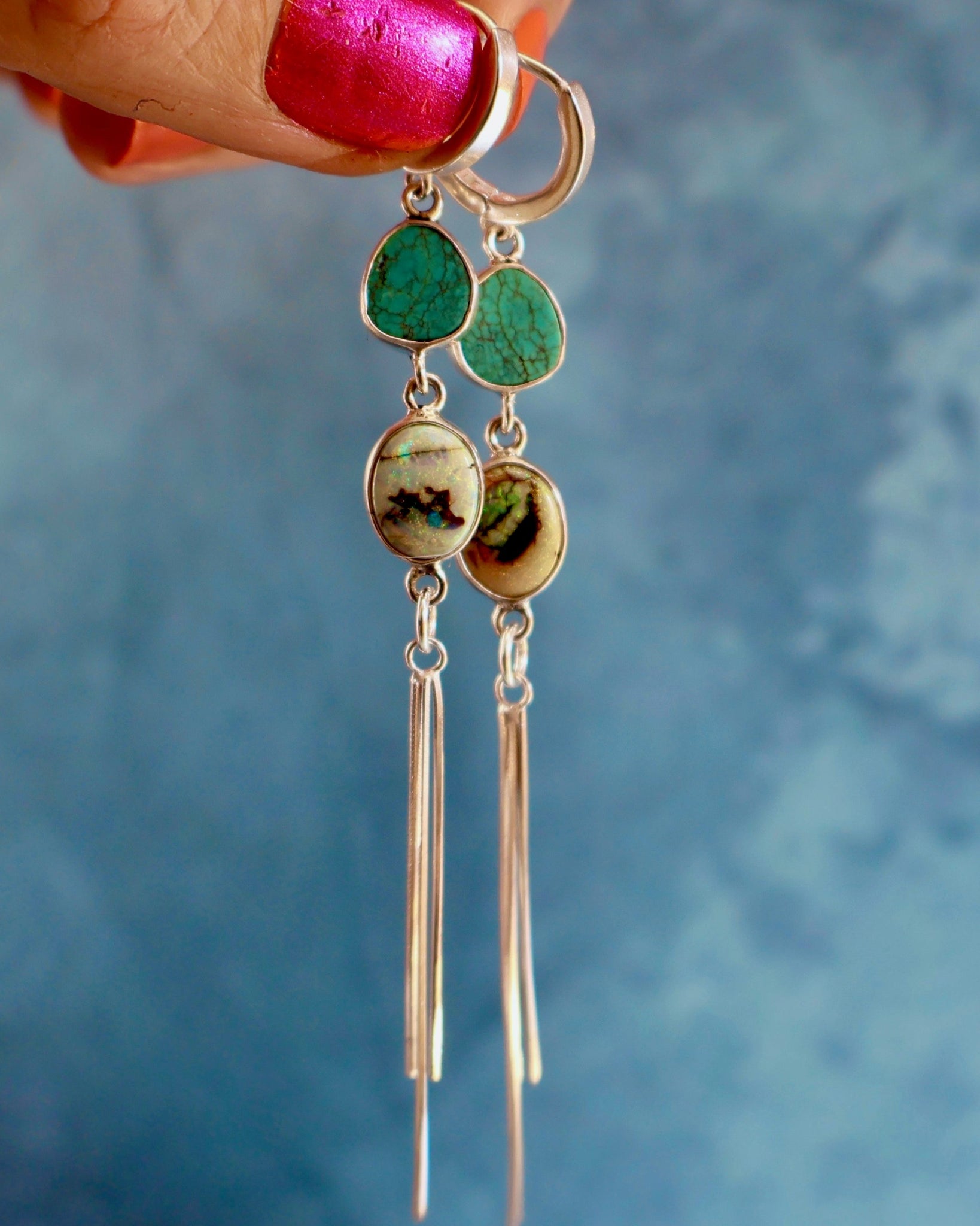 Opal  & Turquoise Sparkling Snake Chain Earrings in Sterling Silver H19