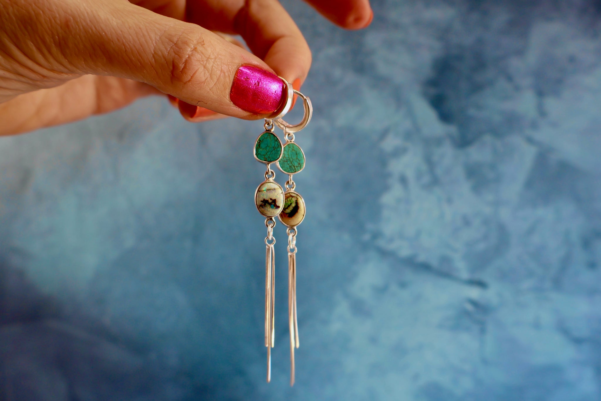 Opal  & Turquoise Sparkling Snake Chain Earrings in Sterling Silver H19