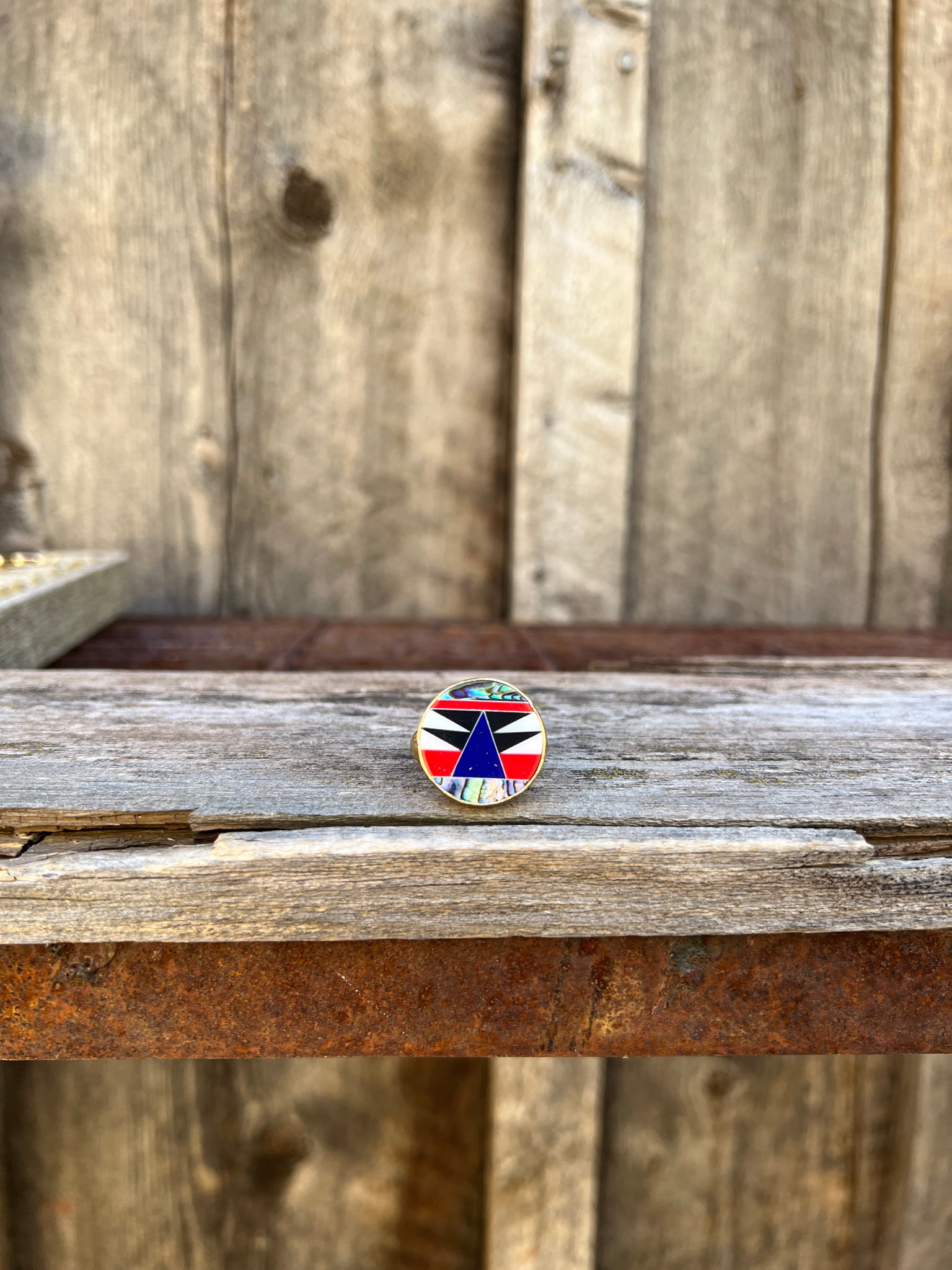 Taos Lapis, Mother of Pearl & Abalone Inlay Design Ring in Gold Alchemia Adjustable T7