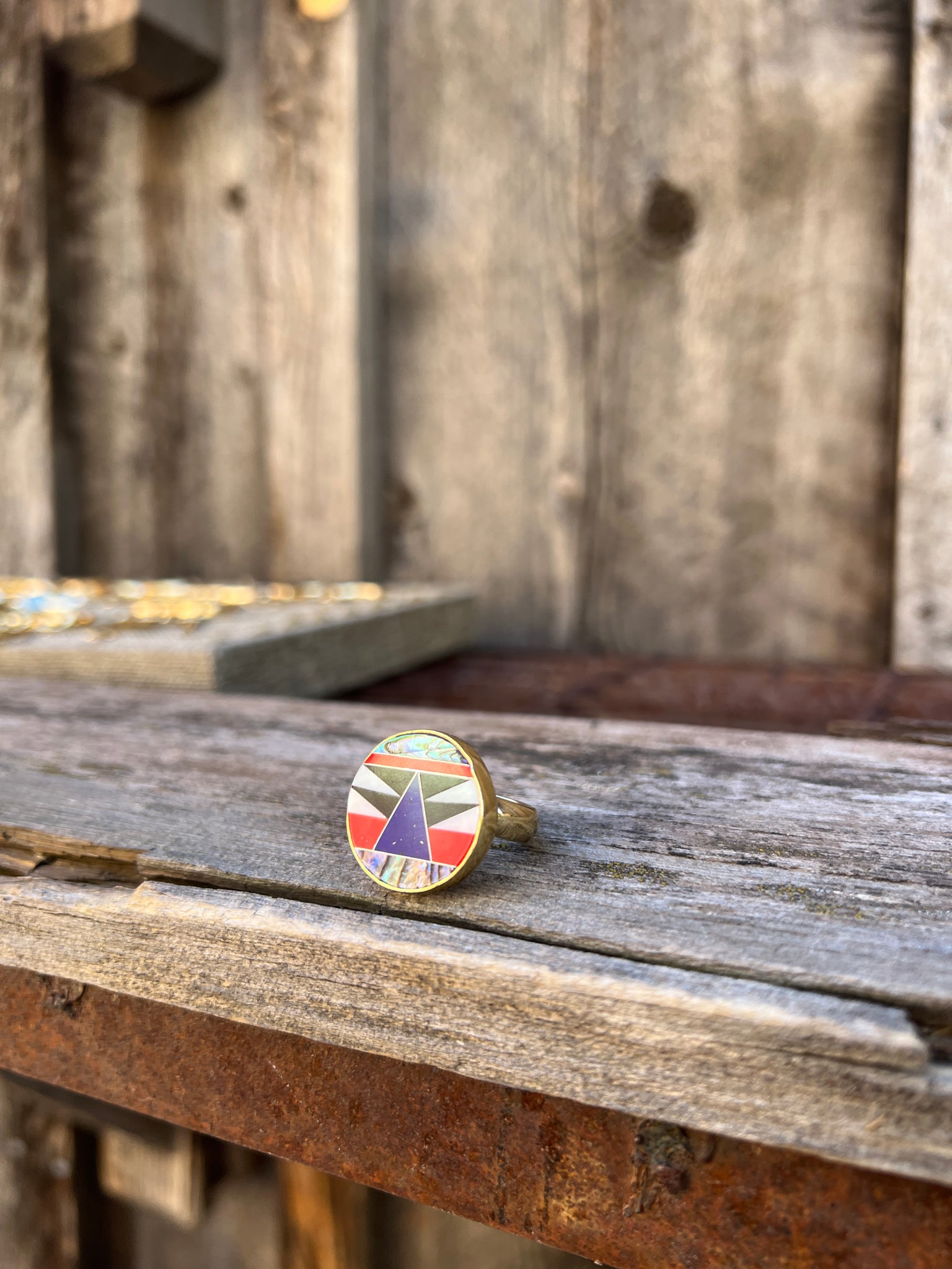 Taos Lapis, Mother of Pearl & Abalone Inlay Design Ring in Gold Alchemia Adjustable T7