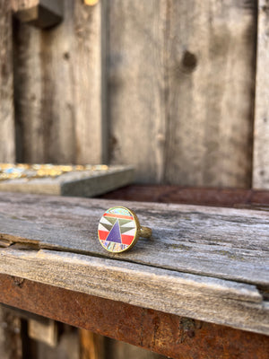 Taos Lapis, Mother of Pearl & Abalone Inlay Design Ring in Gold Alchemia Adjustable T7
