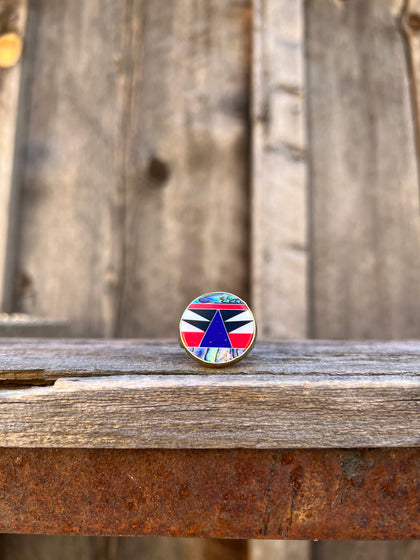 Taos Lapis, Mother of Pearl & Abalone Inlay Design Ring in Gold Alchemia Adjustable