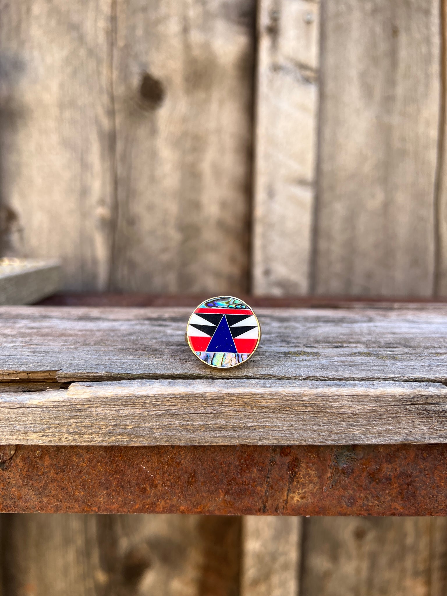Taos Lapis, Mother of Pearl & Abalone Inlay Design Ring in Gold Alchemia Adjustable T7