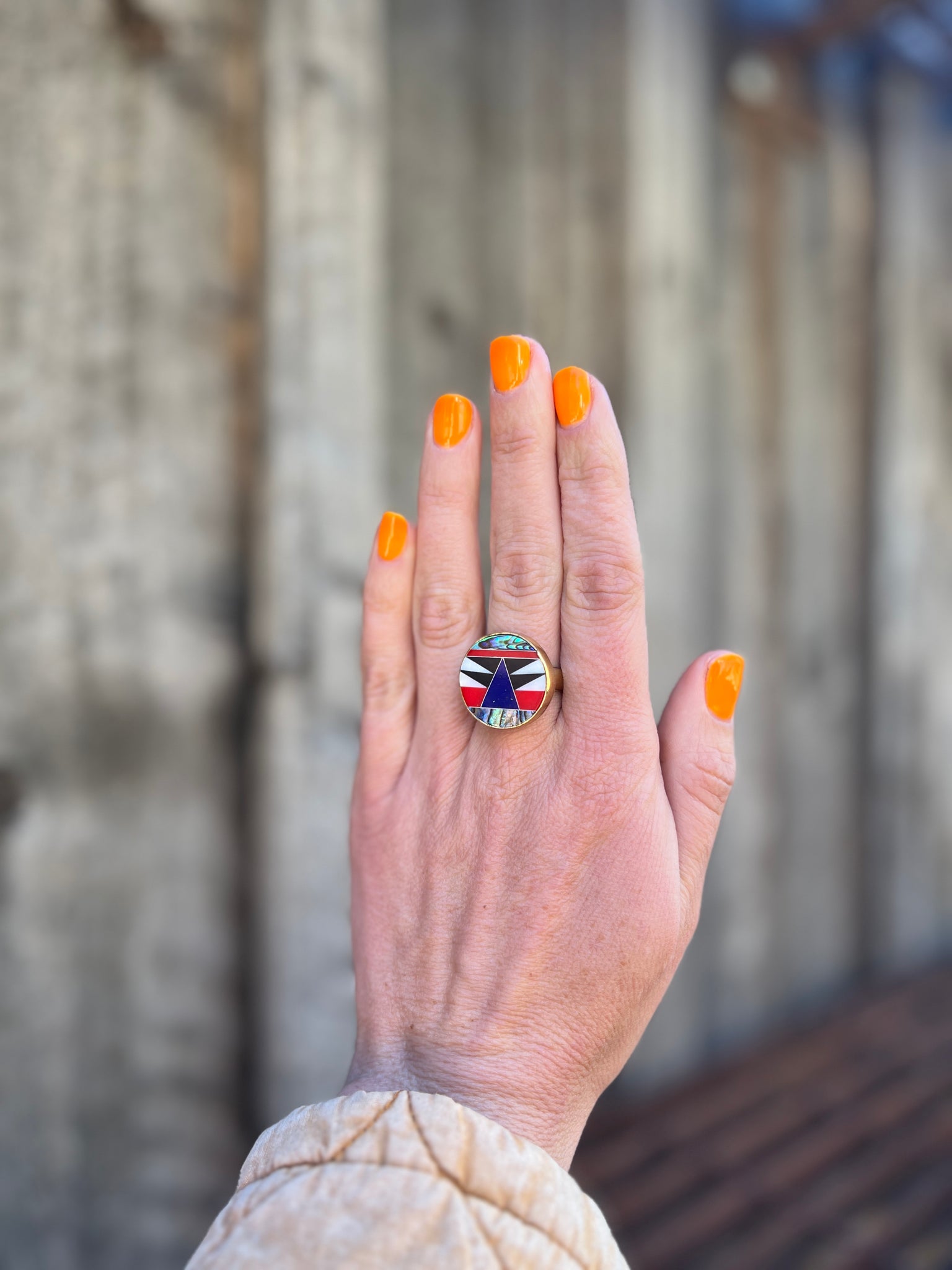 Taos Lapis, Mother of Pearl & Abalone Inlay Design Ring in Gold Alchemia Adjustable T7