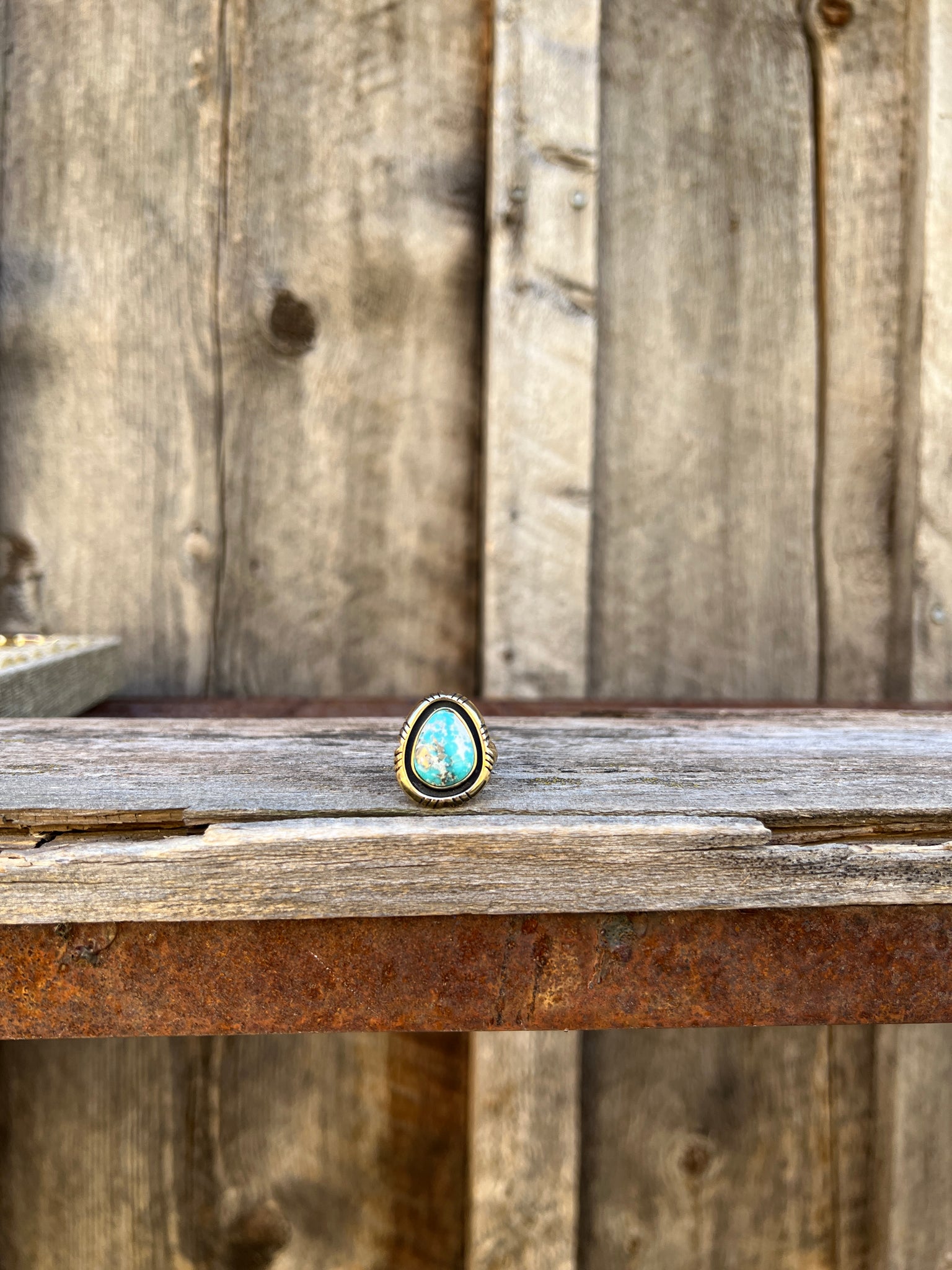 White Water Turquoise with Detail Band Ring in Gold Alchemia Adjustable T8