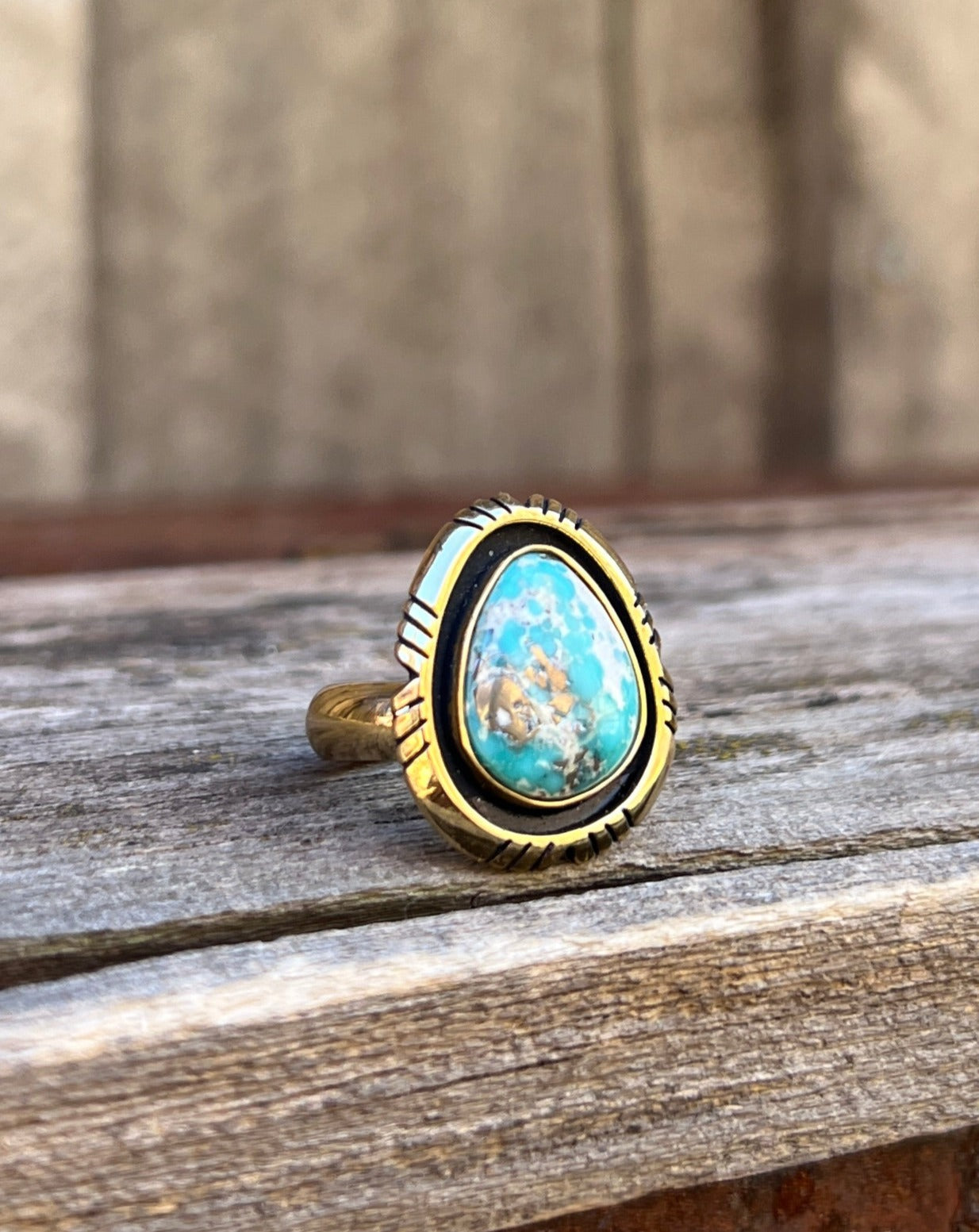 White Water Turquoise with Detail Band Ring in Gold Alchemia Adjustable T12