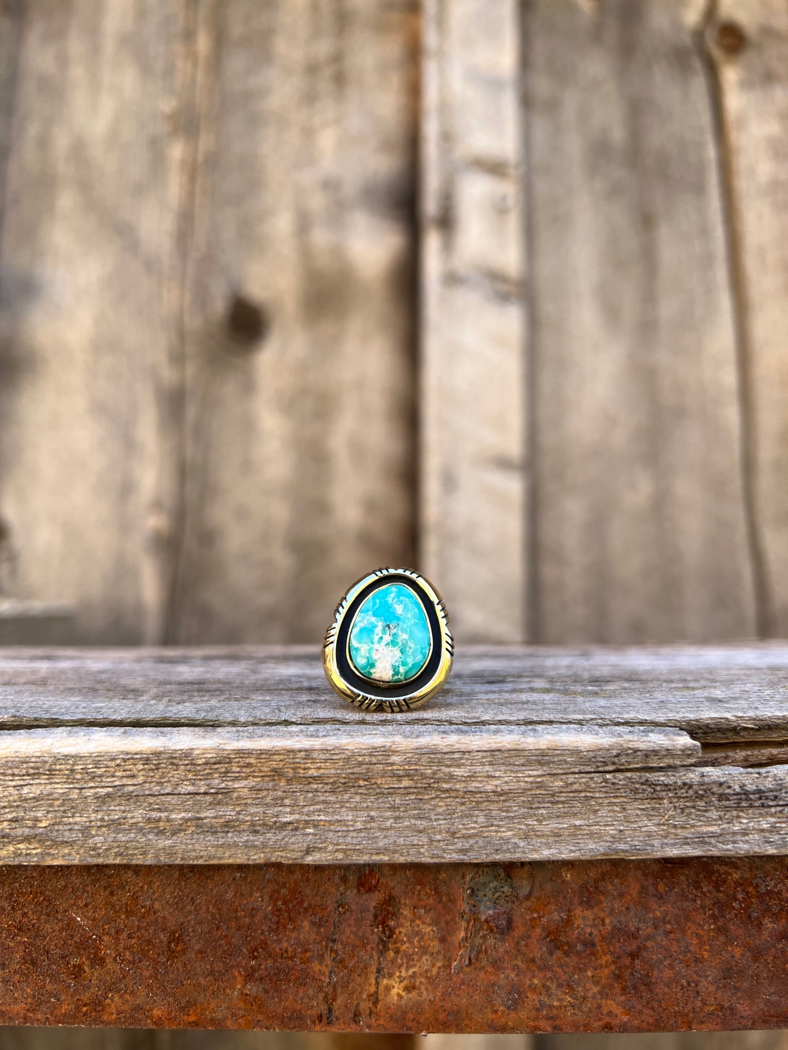 White Water Turquoise with Detail Band Ring in Gold Alchemia Adjustable T8