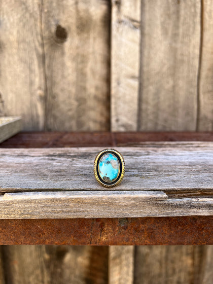 White Water Turquoise with Detail Band Ring in Gold Alchemia Adjustable