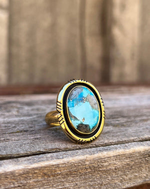 White Water Turquoise with Detail Band Ring in Gold Alchemia Adjustable T9