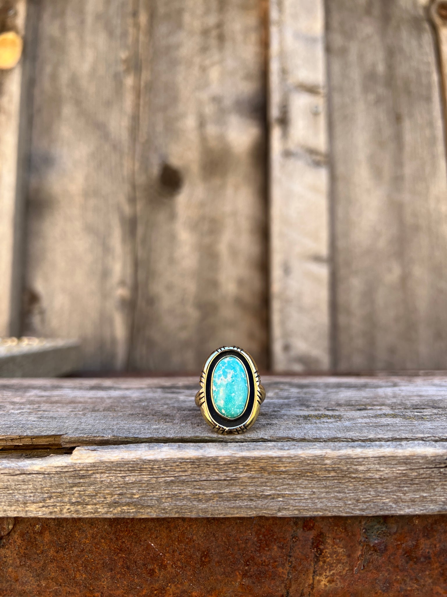 White Water Turquoise with Detail Band Ring in Gold Alchemia Adjustable T10