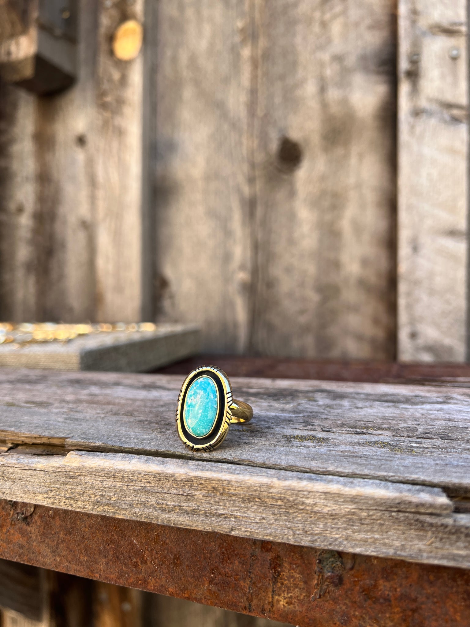 White Water Turquoise with Detail Band Ring in Gold Alchemia Adjustable T10