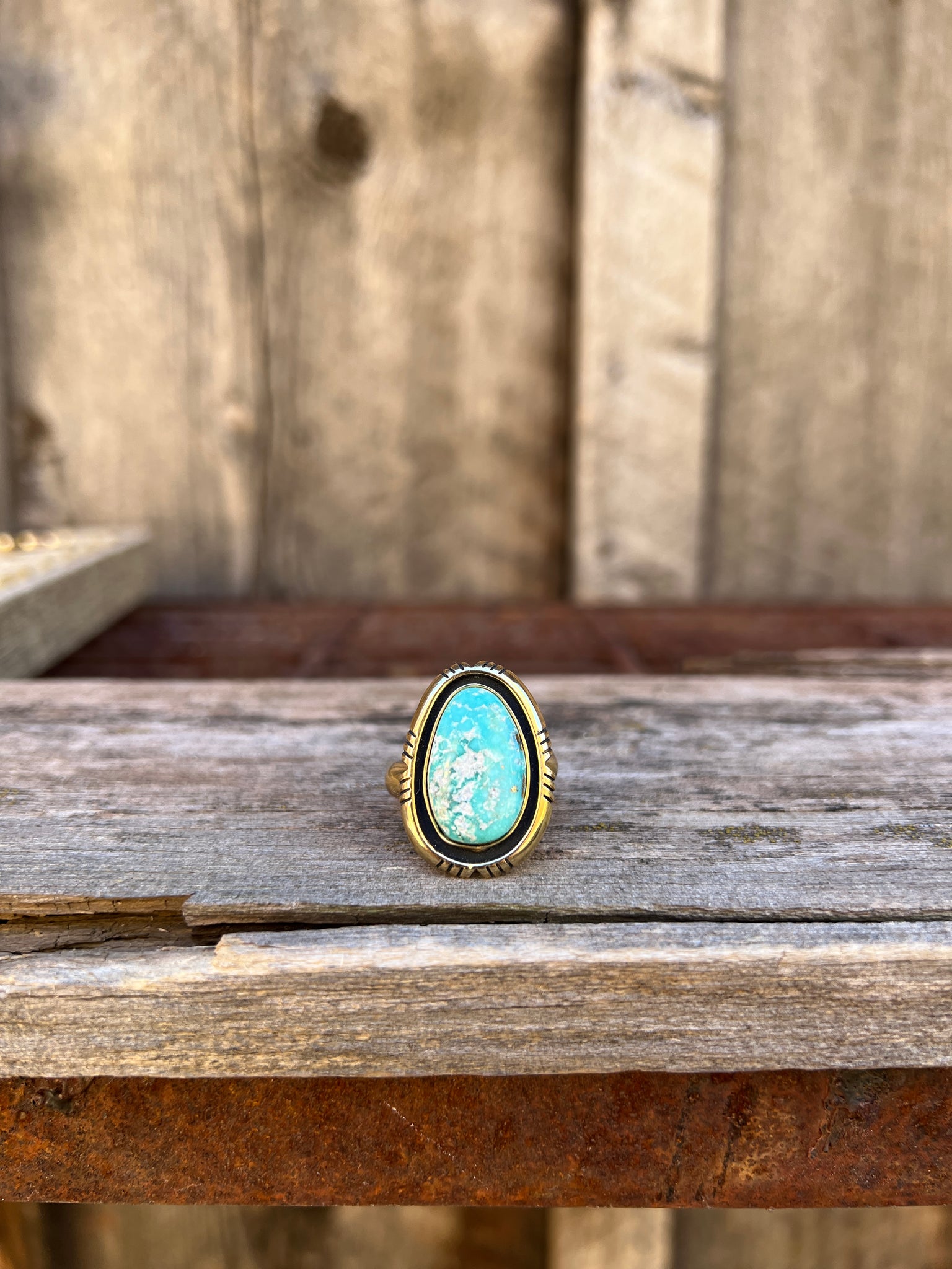 White Water Turquoise with Detail Band Ring in Gold Alchemia Adjustable T11