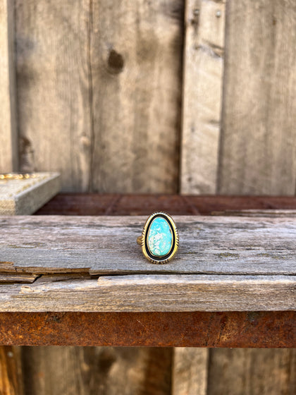 White Water Turquoise with Detail Band Ring in Gold Alchemia Adjustable