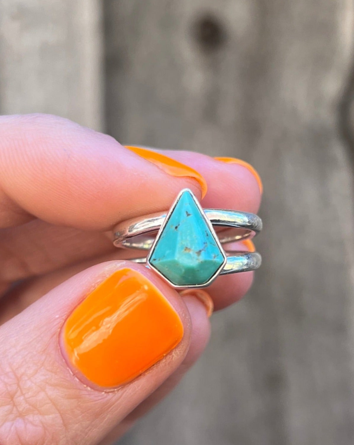 Gemstone- Cut Arizona Turquoise & Sterling Silver Adjustable Double Band Ring T13
