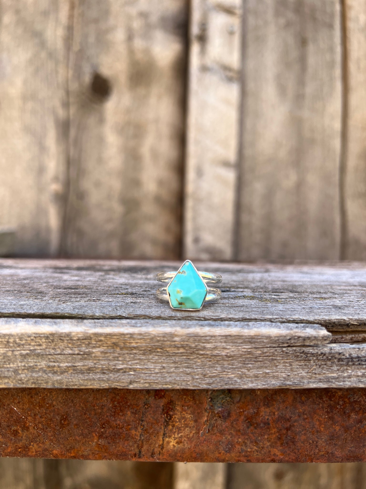 Gemstone- Cut Arizona Turquoise & Sterling Silver Adjustable Double Band Ring T14