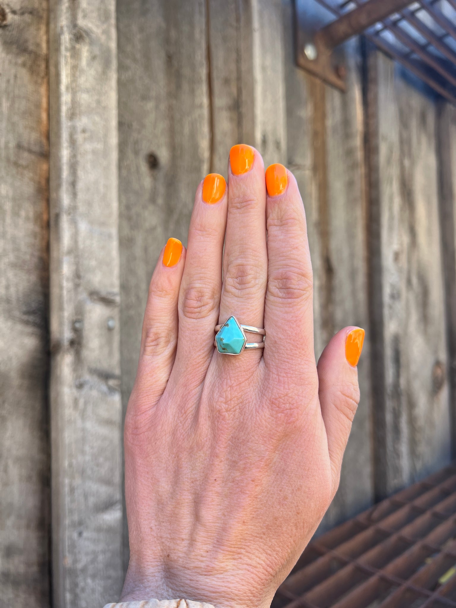 Gemstone- Cut Arizona Turquoise & Sterling Silver Adjustable Double Band Ring T14