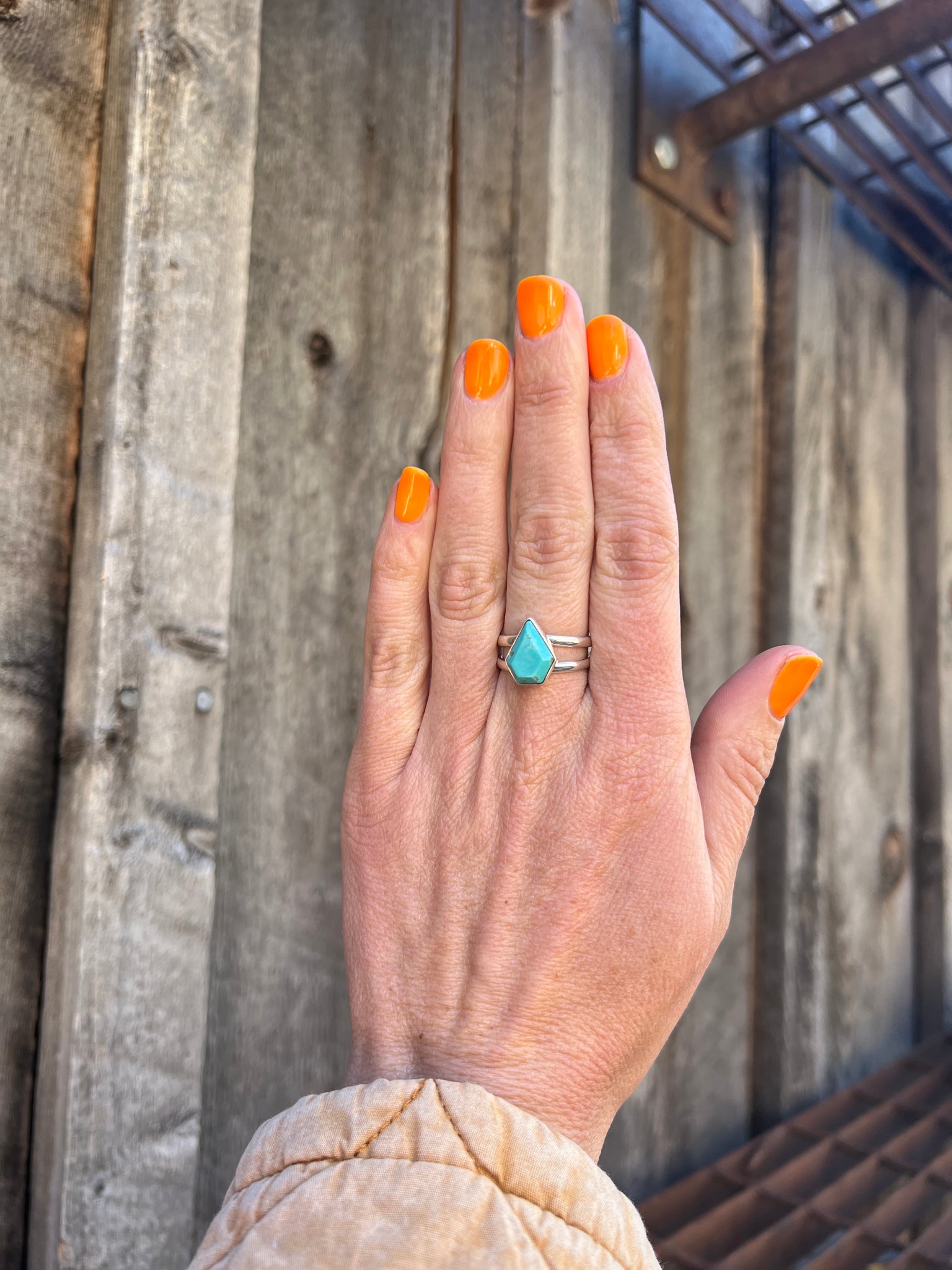 Gemstone- Cut Arizona Turquoise & Sterling Silver Adjustable Double Band Ring T15