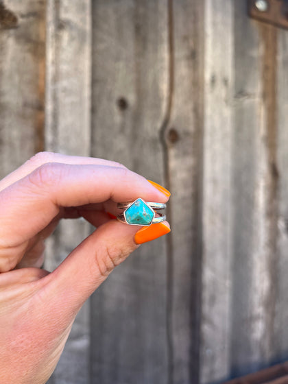 Gemstone- Cut Arizona Turquoise & Sterling Silver Adjustable Double Band Ring