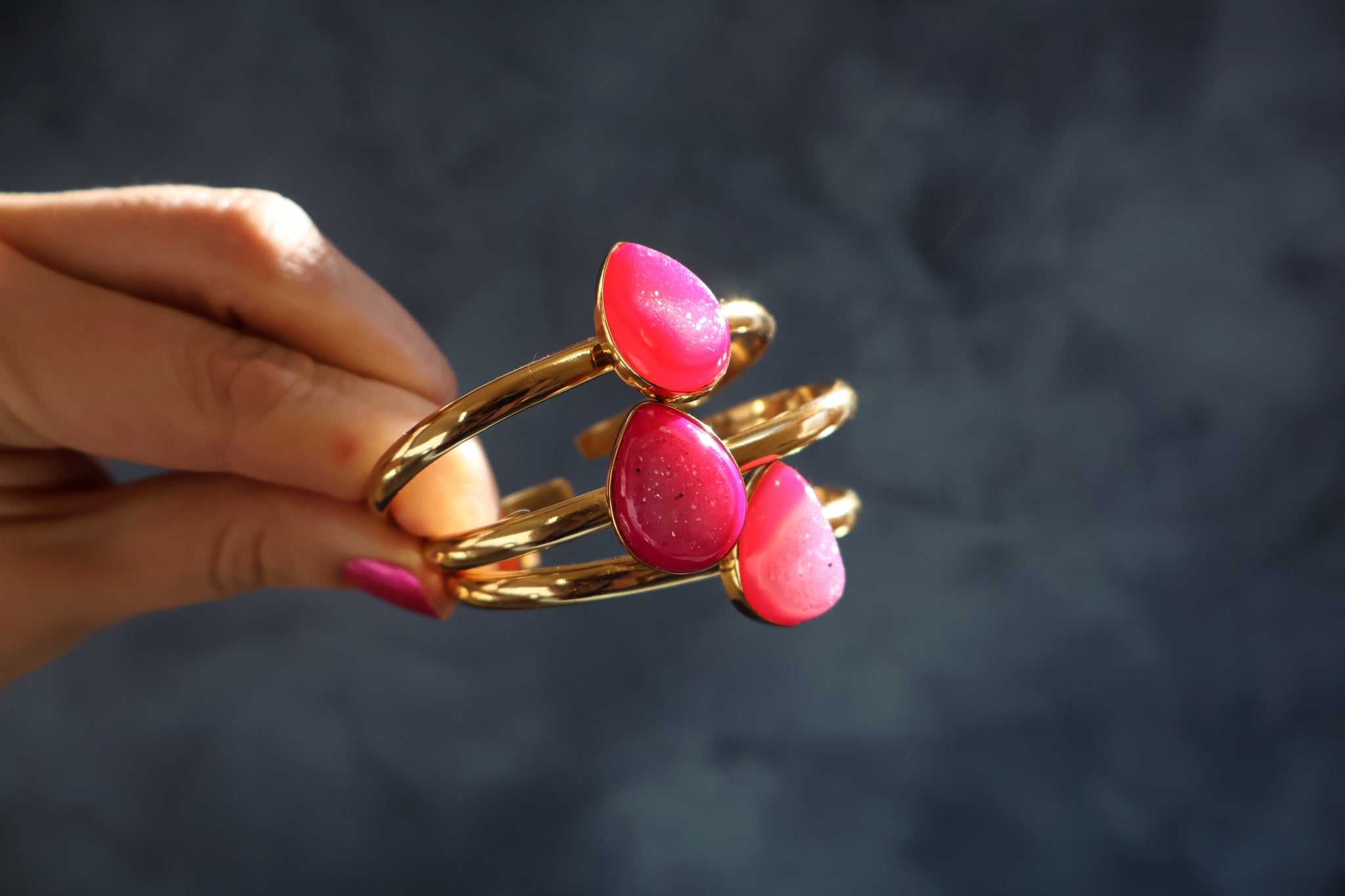 Pink Druzy & Gold Alchemia Cuff Bracelet Tear Drop Shape H36