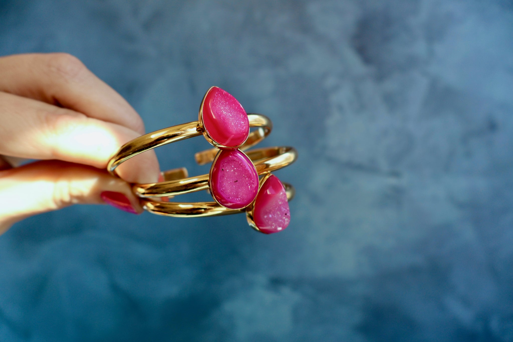 Pink Druzy & Gold Alchemia Cuff Bracelet Tear Drop Shape H36