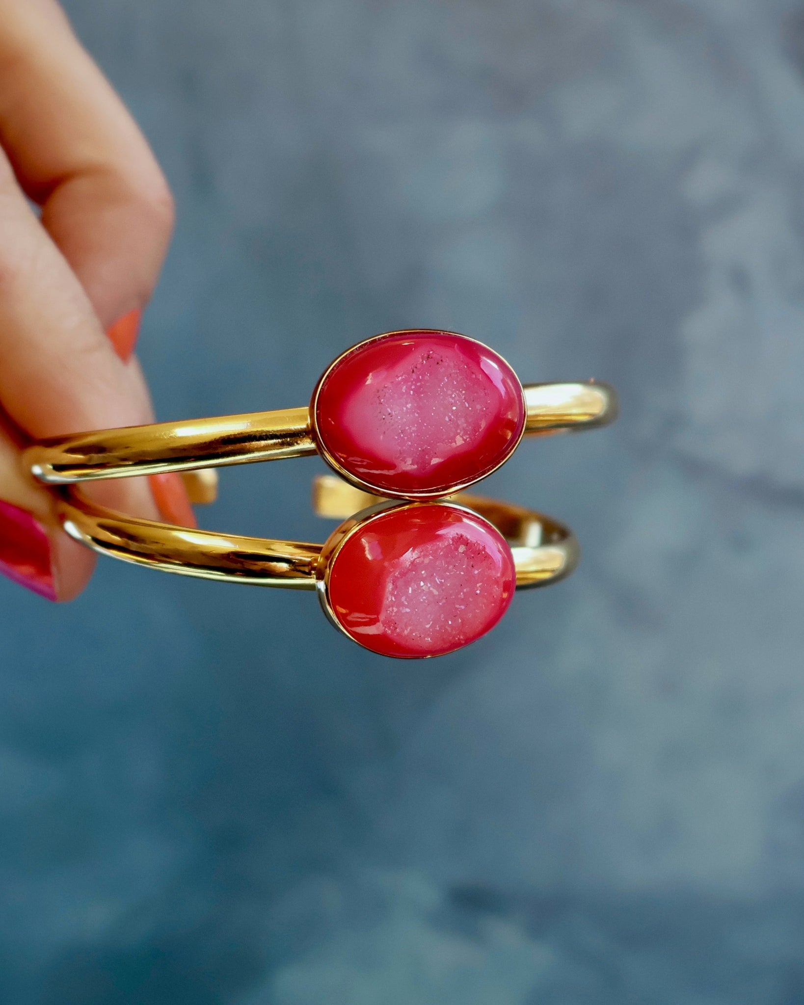 Pink Druzy & Gold Alchemia Cuff Bracelet Oval Shape H37