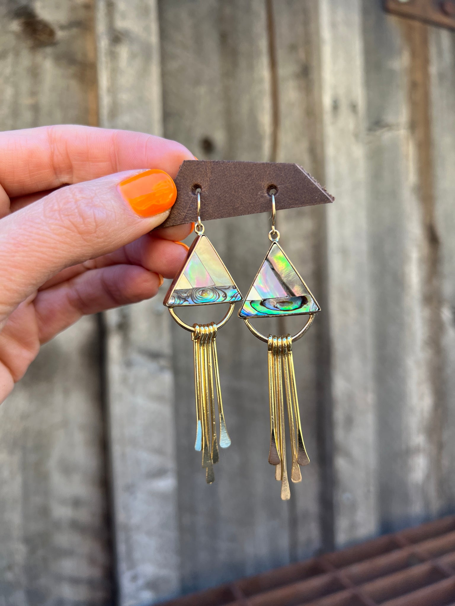 Triangle Mother of Pearl, Abalone & Coral Inlay Earring with Fringe T49