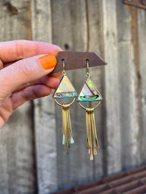 Triangle Mother of Pearl, Abalone & Coral Inlay Earring with Fringe T49