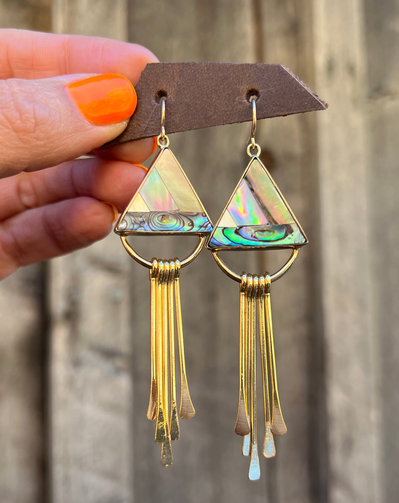 Triangle Mother of Pearl, Abalone & Coral Inlay Earring with Fringe T49