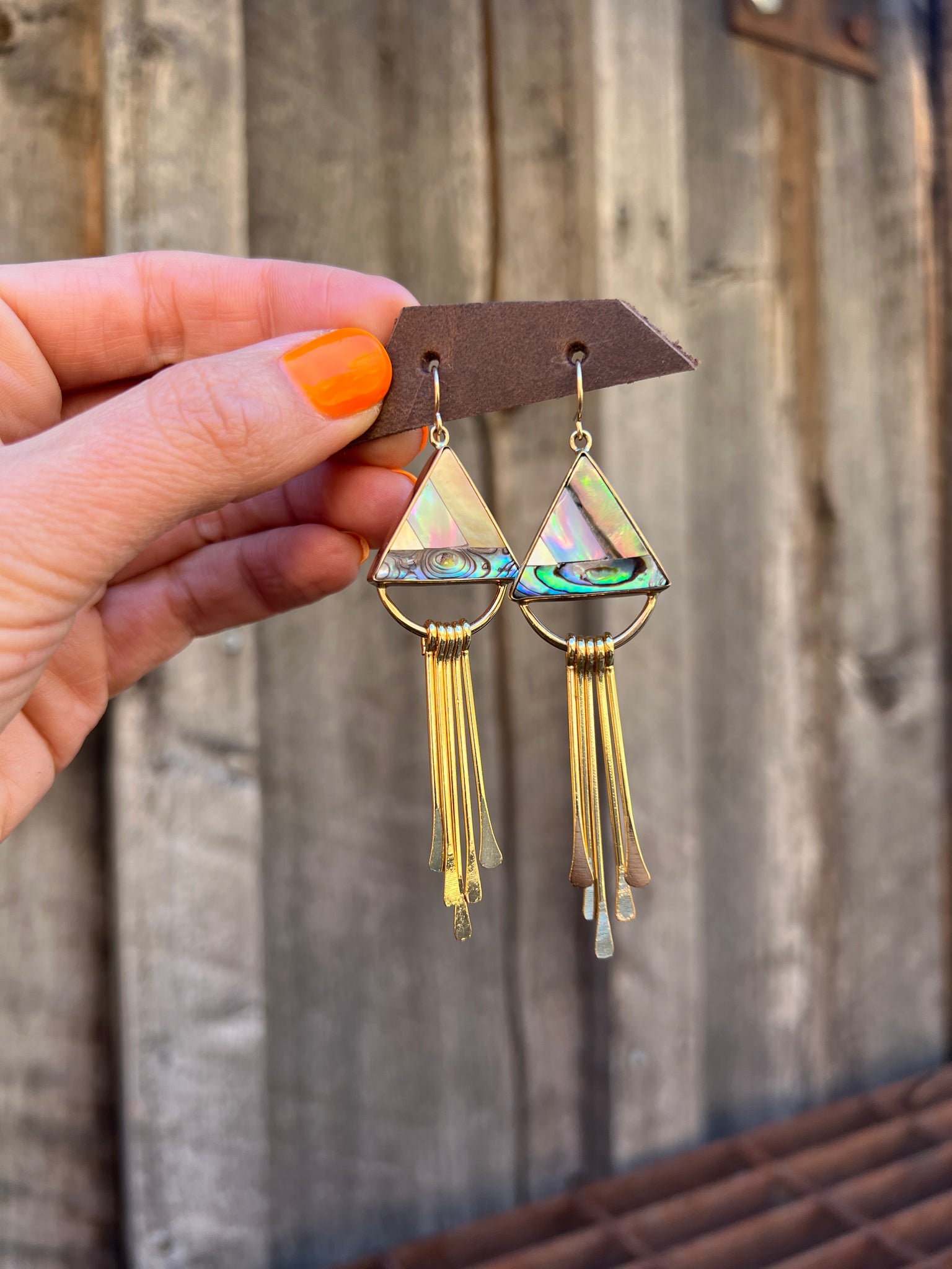 Triangle Mother of Pearl, Abalone & Coral Inlay Earring with Fringe T49