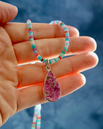 Cobalto Calcite Pendant on Rainbow Opal Chain