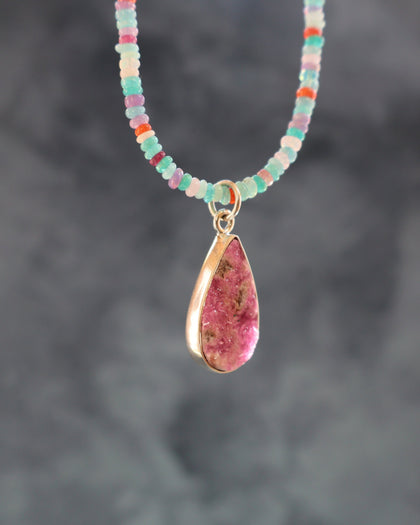 Cobalto Calcite Pendant on Rainbow Opal Chain