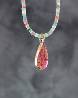 Cobalto Calcite Pendant on Rainbow Opal Chain H51