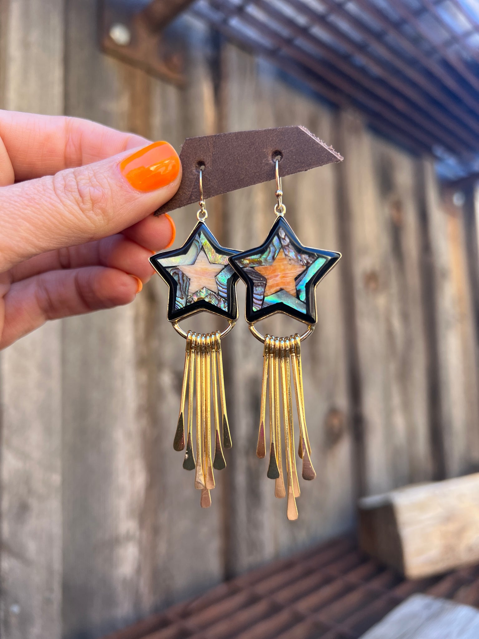 Star Mother of Pearl, Abalone & Coral Inlay Earring with Fringe T50