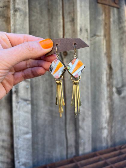 Mother of Pearl, Abalone & Coral Inlay Earring with Fringe
