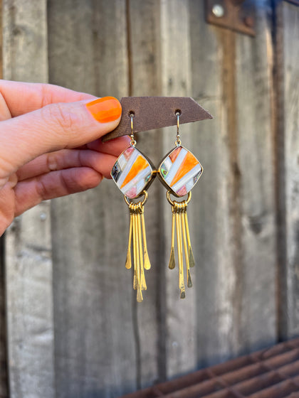 Mother of Pearl, Abalone & Coral Inlay Earring with Fringe