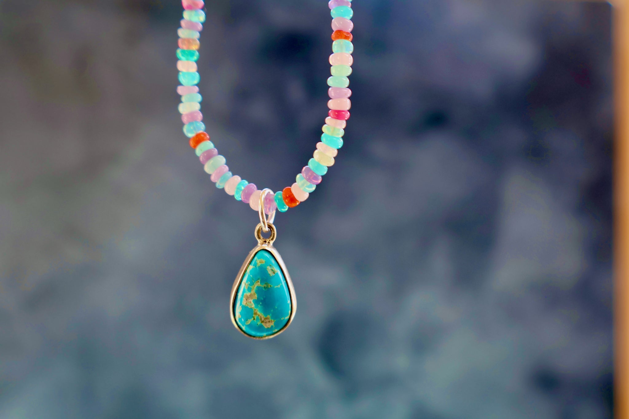 Turquoise & Sterling Pendant on Rainbow Opal Chain H53