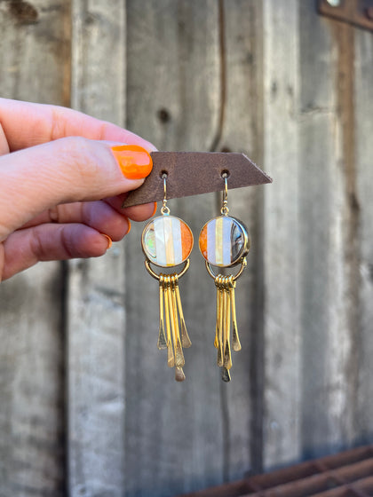 Mother of Pearl, Abalone & Coral Inlay Earring with Fringe