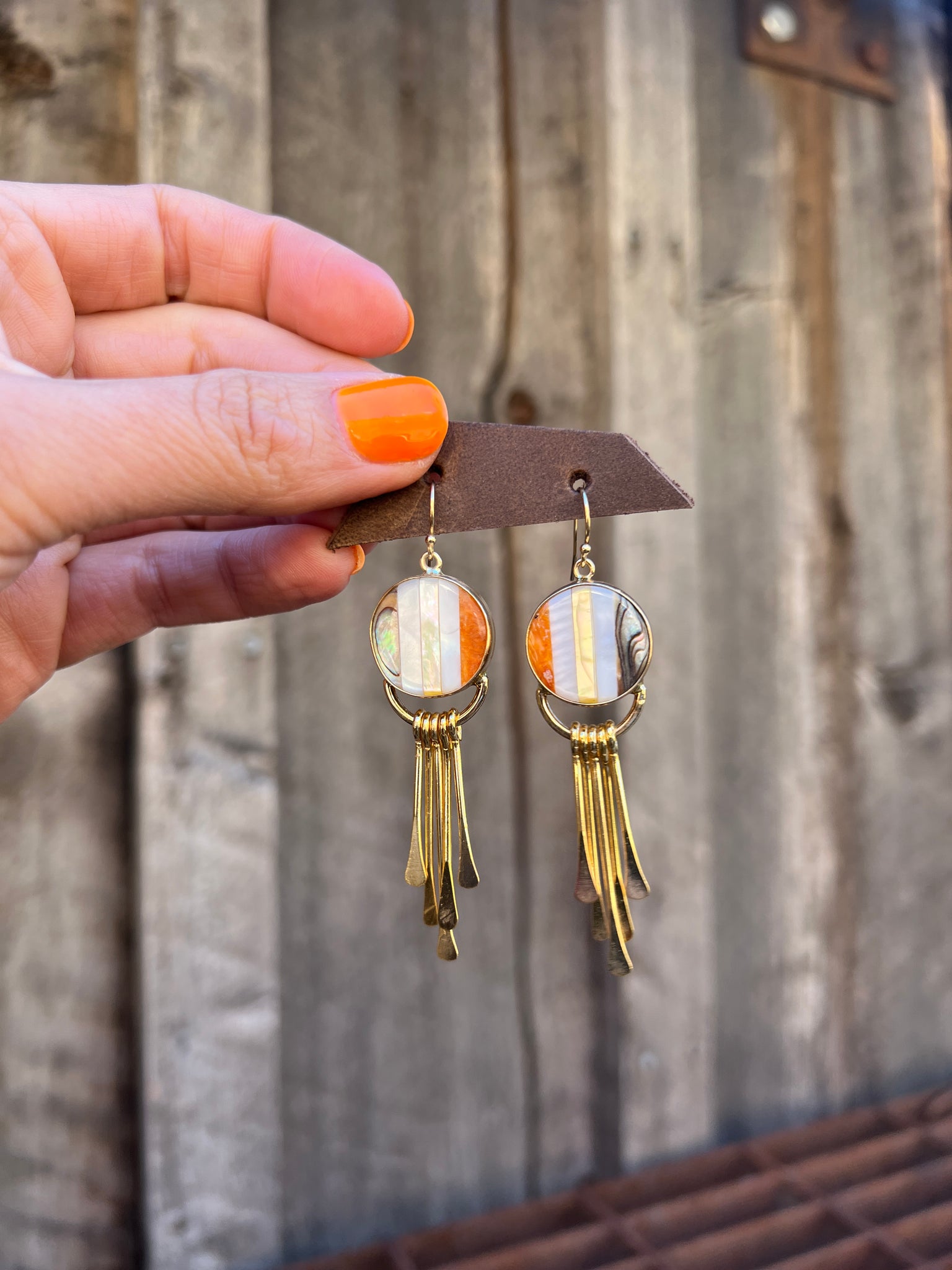 Mother of Pearl, Abalone & Coral Inlay Earring with Fringe T53