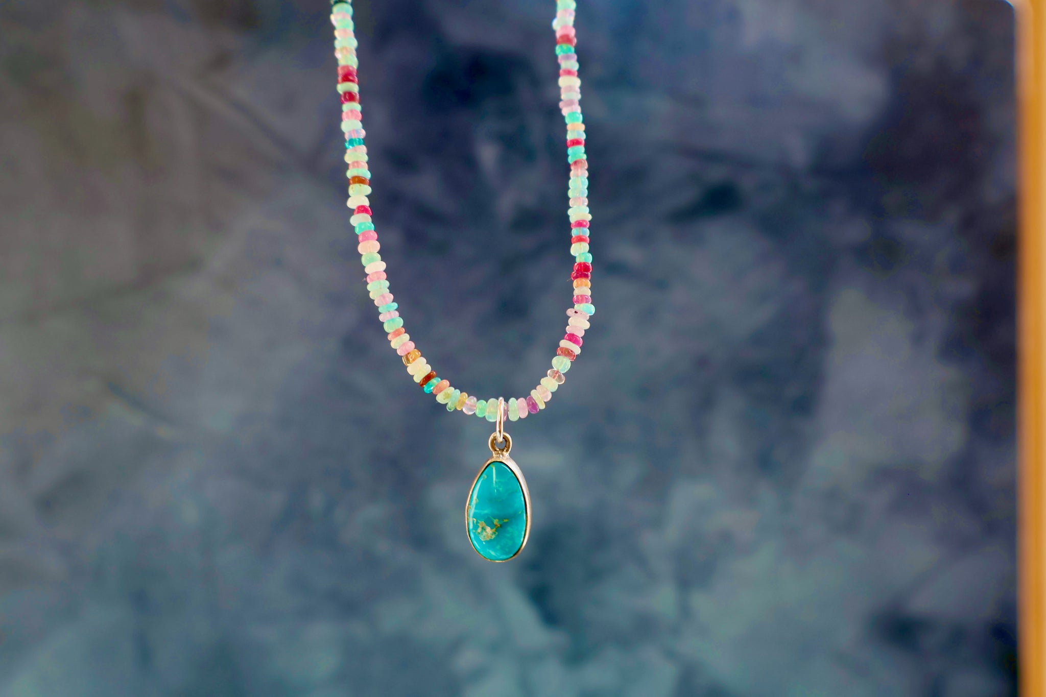 Turquoise & Sterling Pendant on Rainbow Opal Chain H54