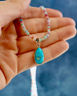 Turquoise & Sterling Pendant on Rainbow Opal Chain H54