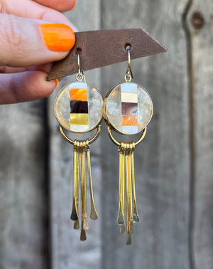 Mother of Pearl, Abalone & Coral Inlay Earring with Fringe T54