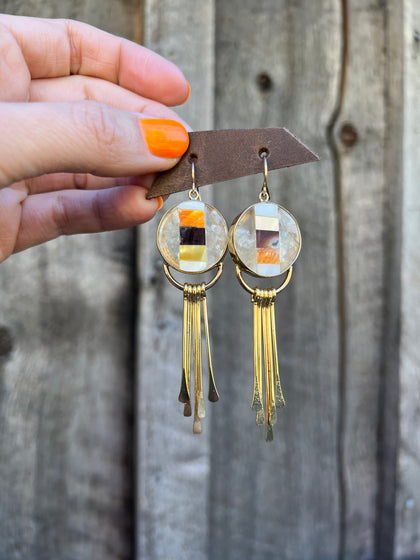 Mother of Pearl, Abalone & Coral Inlay Earring with Fringe