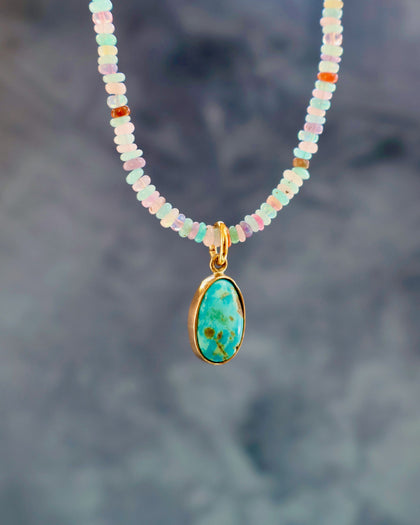 Turquoise Pendant on Rainbow Opal Chain Gold