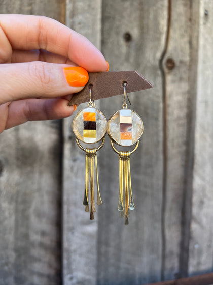 Mother of Pearl, Abalone & Coral Inlay Earring with Fringe