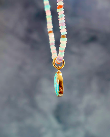 Turquoise Pendant on Rainbow Opal Chain Gold