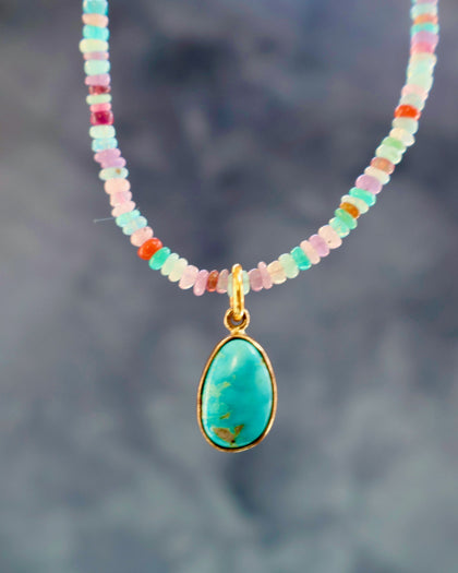 Turquoise Pendant on Rainbow Opal Chain Gold
